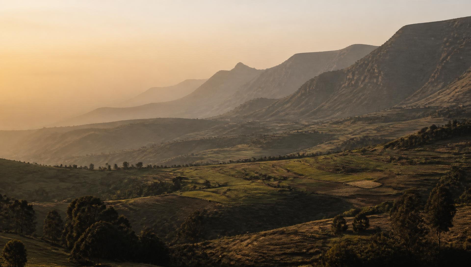 Highland escarpment and terraced farmland at dawn